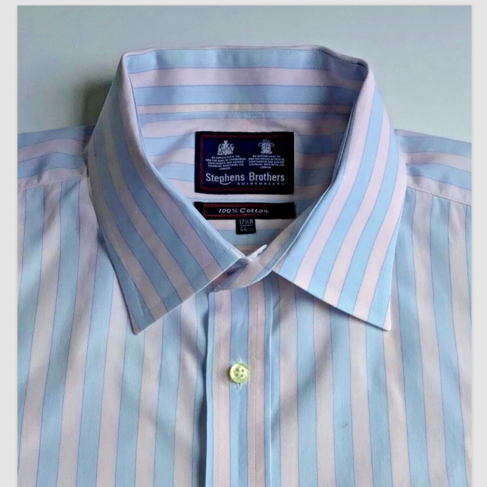 Stephens Brothers blue & peach colour striped cotton shirt Sz 17.5  made in UK
